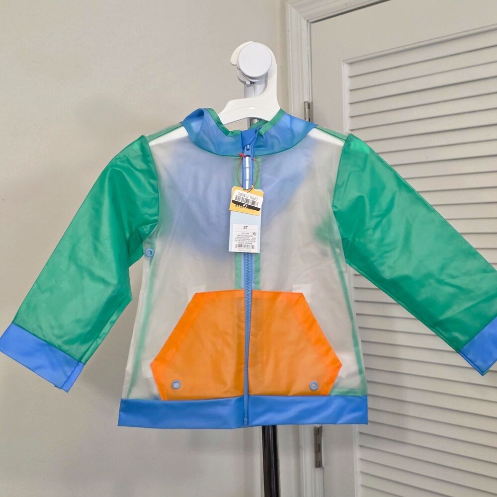 Cat & Jack Toddler Boys Colorblock Clear Rain Jacket Green/Blue/Orange size 2T